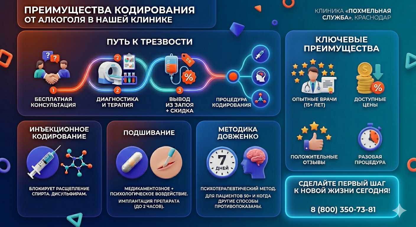 Инфографика о методах кодирования от алкоголя в Горняцком: инъекции, подшивание, метод Довженко. Преимущества клиники и этапы лечения.