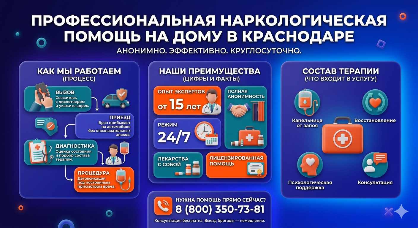 Инфографика о принципах лечения алкоголизма на дому в Горняцком: этапы вызова нарколога, преимущества анонимной детоксикации и состав медицинской помощи.